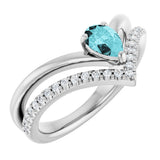 Platinum Pear Natural Blue Zircon & Natural Diamond Negative Space V Ring