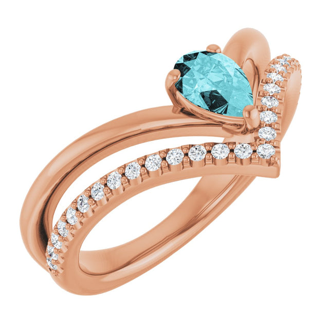 14K Gold Pear Natural Blue Zircon & Natural Diamond Negative Space V Ring - Rose Gold