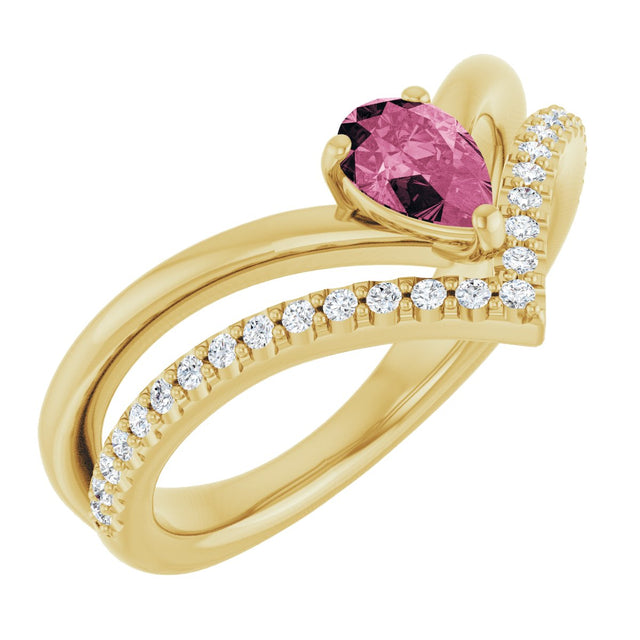 14K Gold Pear Natural Pink Tourmaline & Natural Diamond Negative Space V Ring - Yellow Gold