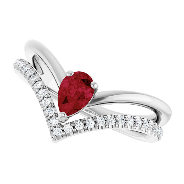 14K Gold Pear Lab-Grown Ruby & Natural Diamond Negative Space V Ring - White Gold - view 5