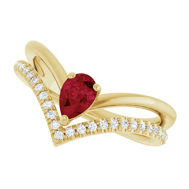 14K Gold Pear Natural Ruby & Natural Diamond Negative Space V Ring - Yellow Gold - view 5