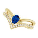 14K Gold Pear Lab-Grown Blue Sapphire & Natural Diamond Negative Space V Ring – 6x4mm - Yellow Gold - view 5