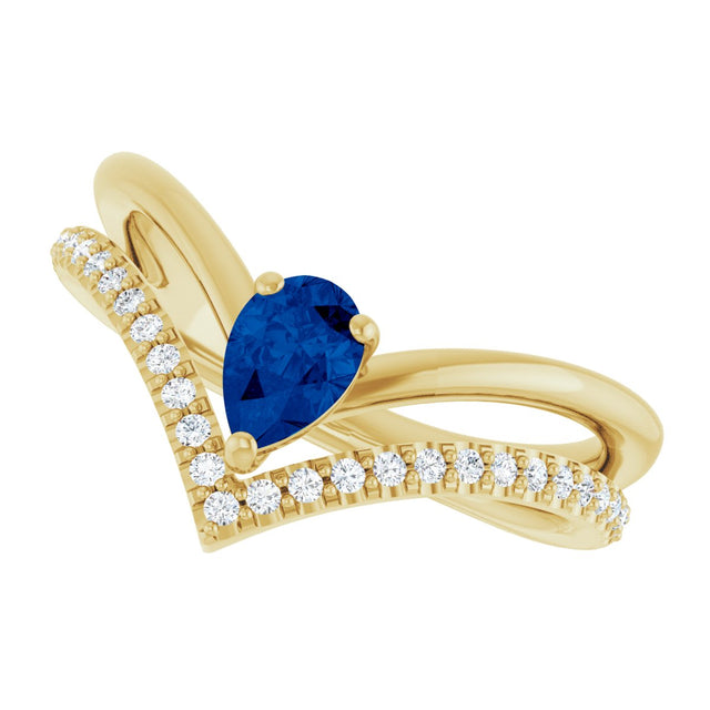 14K Gold Pear Lab-Grown Blue Sapphire & Natural Diamond Negative Space V Ring – 6x4mm - Yellow Gold - view 5