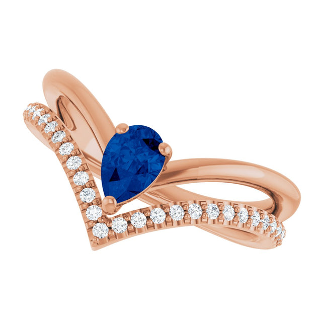 14K Gold Pear Natural Blue Sapphire & Natural Diamond Negative Space V Ring - Rose Gold - view 5