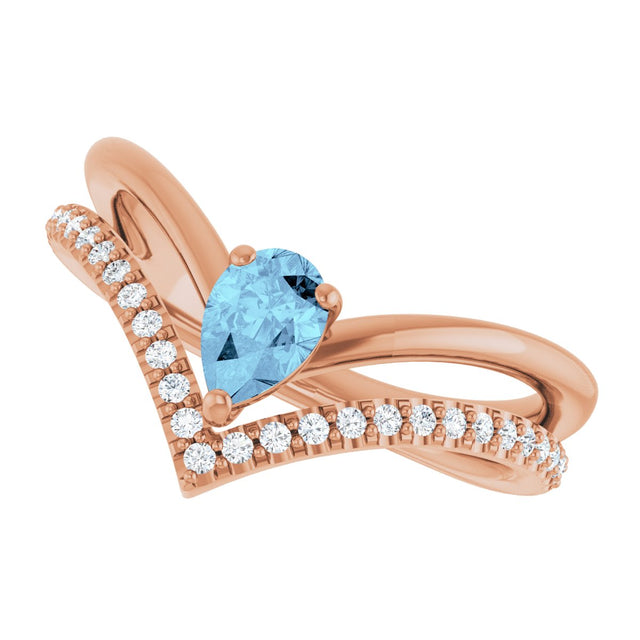 14K Gold Pear Natural Aquamarine & Natural Diamond Negative Space V Ring - Rose Gold - view 5