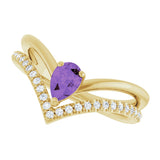 14K Gold Pear Natural Amethyst & Natural Diamond Negative Space V Ring - Yellow Gold - view 5