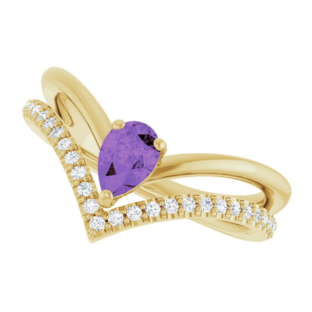 14K Gold Pear Natural Amethyst & Natural Diamond Negative Space V Ring - Yellow Gold - view 5