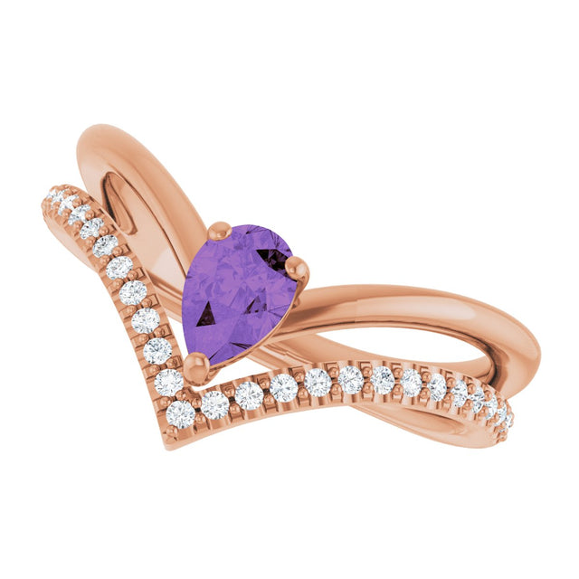14K Gold Pear Natural Amethyst & Natural Diamond Negative Space V Ring - Rose Gold - view 5