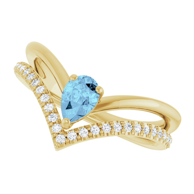 14K Gold Pear Natural Aquamarine & Natural Diamond Negative Space V Ring - Yellow Gold - view 5