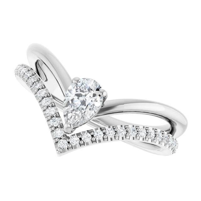 Platinum Pear Natural White Sapphire & Natural Diamond Negative Space V Ring - view 5