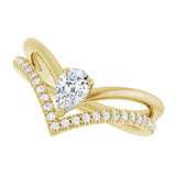 14K Gold Pear Natural White Sapphire & Natural Diamond Negative Space V Ring - Yellow Gold - view 5