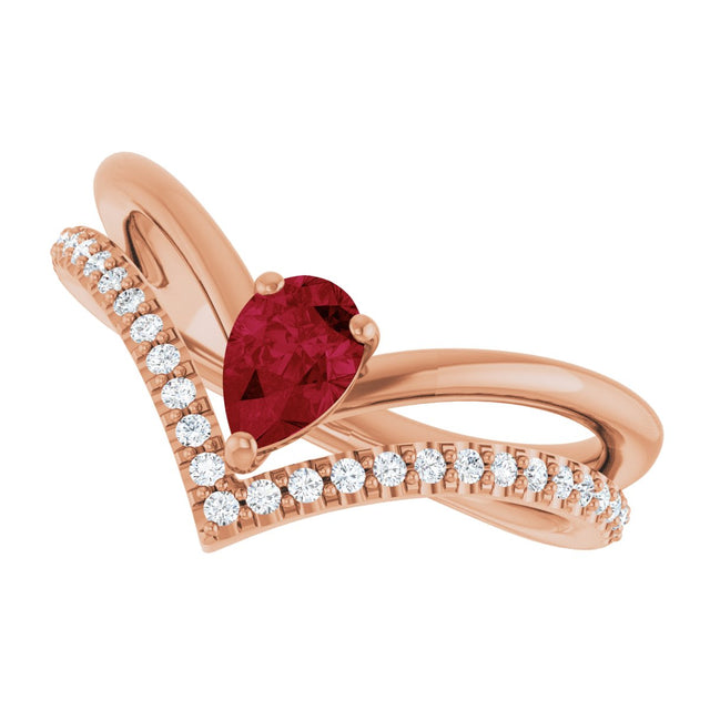 14K Gold Pear Natural Ruby & Natural Diamond Negative Space V Ring - Rose Gold - view 5