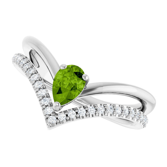 14K Gold Pear Natural Peridot & Natural Diamond Negative Space V Ring - White Gold - view 5