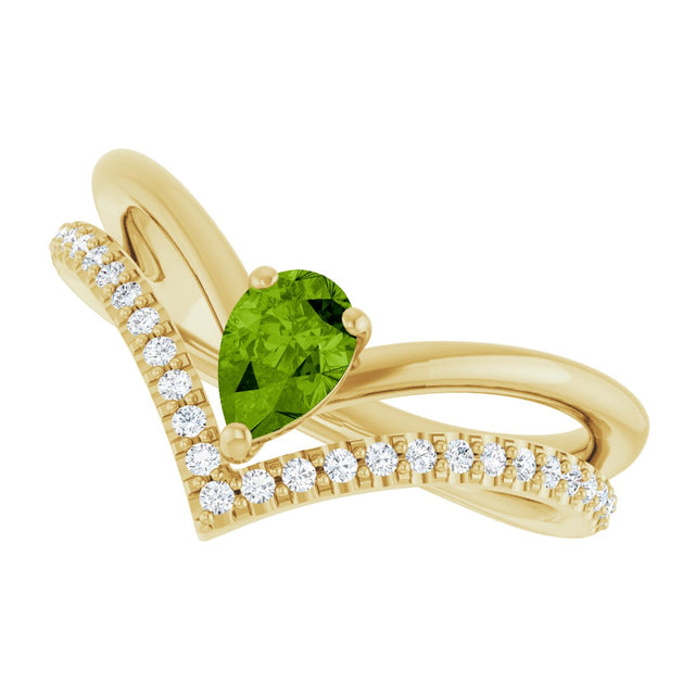 14K Gold Pear Natural Peridot & Natural Diamond Negative Space V Ring - Yellow Gold - view 5