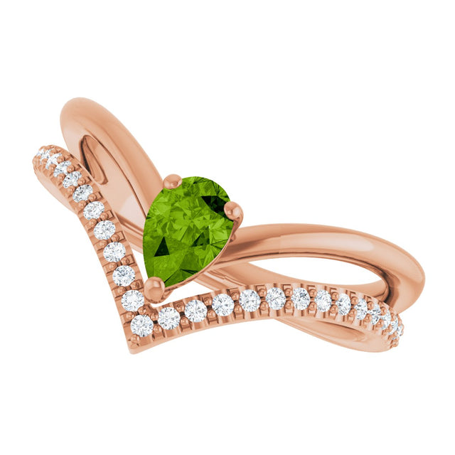14K Gold Pear Natural Peridot & Natural Diamond Negative Space V Ring - Rose Gold - view 5