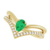 14K Gold Pear Natural Emerald & Natural Diamond Negative Space V Ring - Yellow Gold - view 5