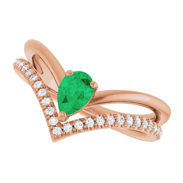 14K Gold Pear Lab-Grown Emerald & Natural Diamond Negative Space V Ring - Rose Gold - view 5