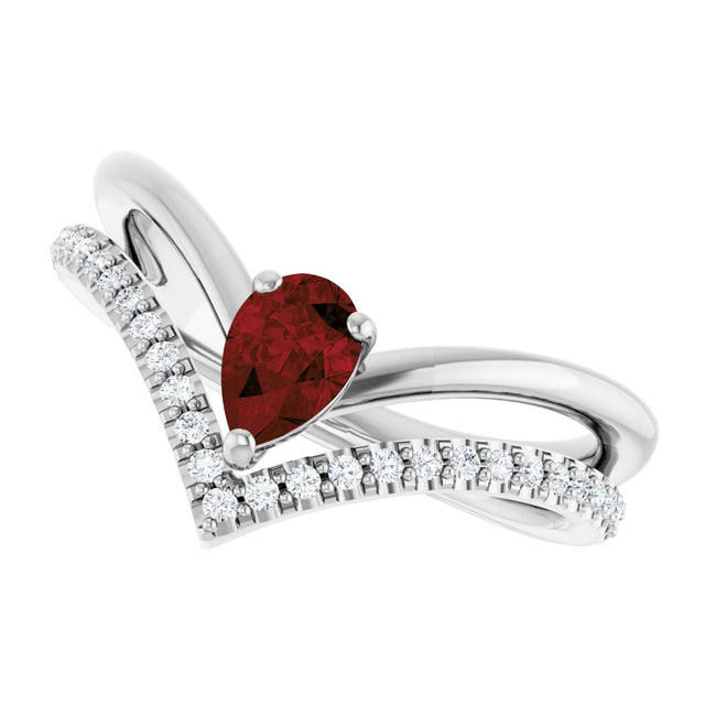 14K Gold Pear Natural Mozambique Garnet & Natural Diamond Negative Space V Ring - White Gold - view 5