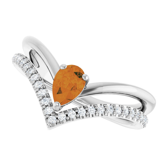 Platinum Pear Natural Citrine & Natural Diamond Negative Space V Ring - view 5