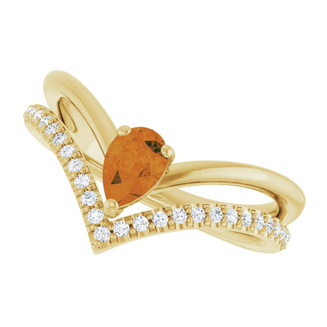 14K Gold Pear Natural Citrine & Natural Diamond Negative Space V Ring - Yellow Gold - view 5