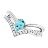 14K Gold Pear Natural Blue Zircon & Natural Diamond Negative Space V Ring - White Gold - view 5