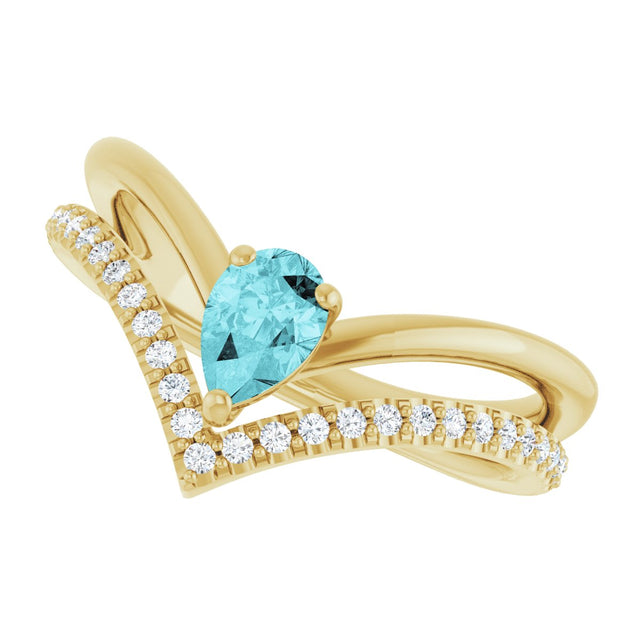 14K Gold Pear Natural Blue Zircon & Natural Diamond Negative Space V Ring - Yellow Gold - view 5