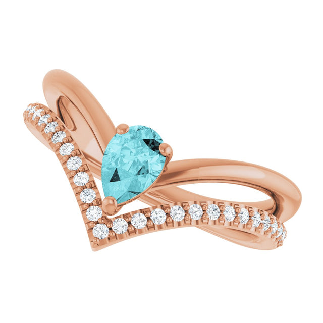 14K Gold Pear Natural Blue Zircon & Natural Diamond Negative Space V Ring - Rose Gold - view 5