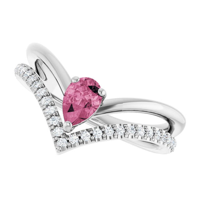 14K Gold Pear Natural Pink Tourmaline & Natural Diamond Negative Space V Ring - White Gold - view 5