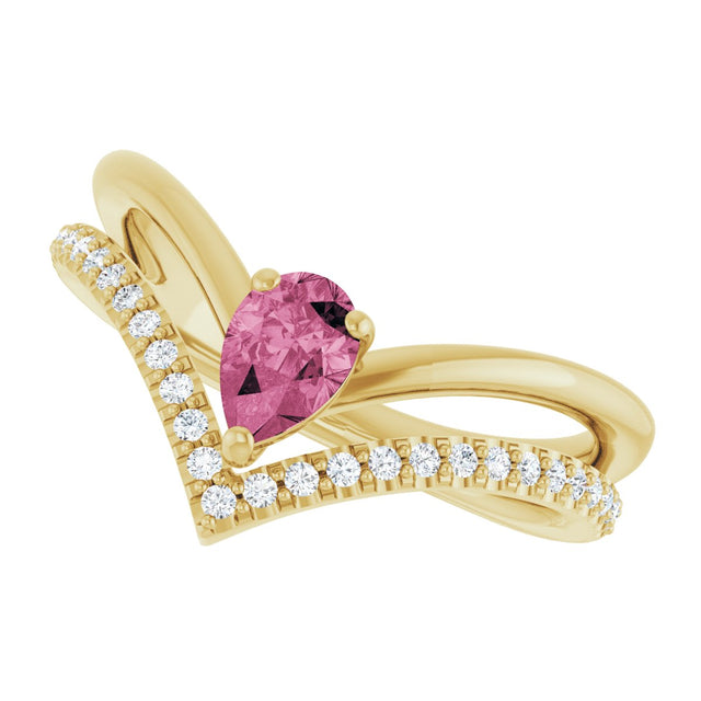 14K Gold Pear Natural Pink Tourmaline & Natural Diamond Negative Space V Ring - Yellow Gold - view 5