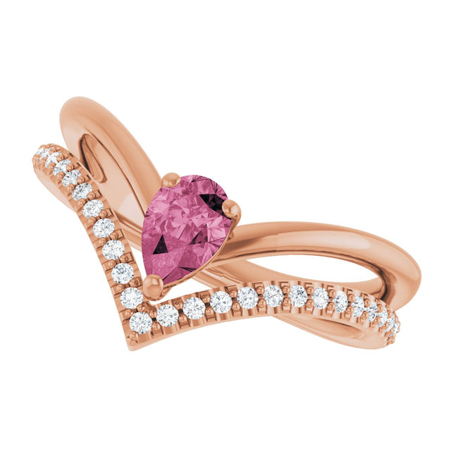 14K Gold Pear Natural Pink Tourmaline & Natural Diamond Negative Space V Ring - Rose Gold - view 5