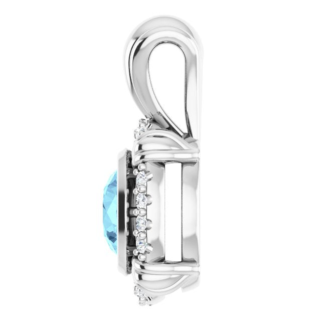 Platinum Round Natural Aquamarine & Natural Diamond Halo-Style Pendant - view 3