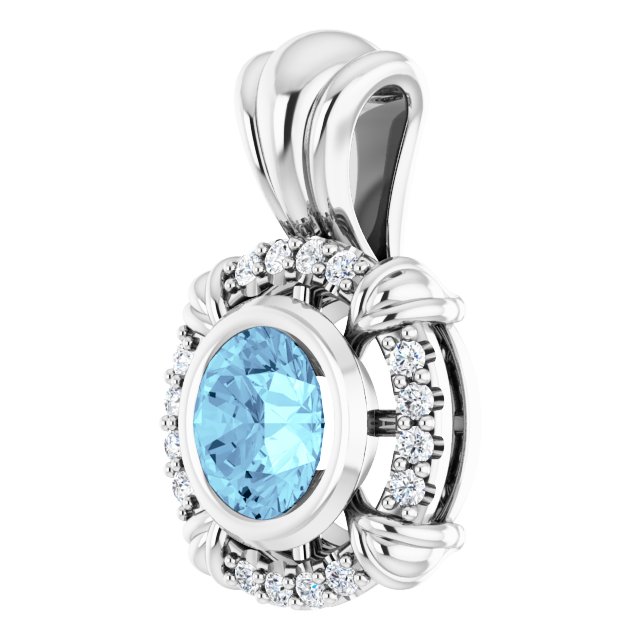Platinum Round Natural Aquamarine & Natural Diamond Halo-Style Pendant - view 2