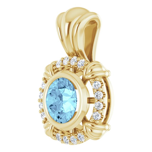 14K Gold Round Natural Aquamarine & Natural Diamond Halo-Style Pendant – 0.08 CTW - Yellow Gold - view 2
