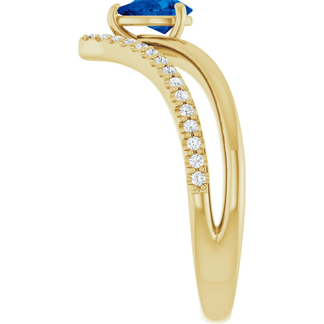 14K Gold Pear Lab-Grown Blue Sapphire & Natural Diamond Negative Space V Ring – 6x4mm - Yellow Gold - view 4