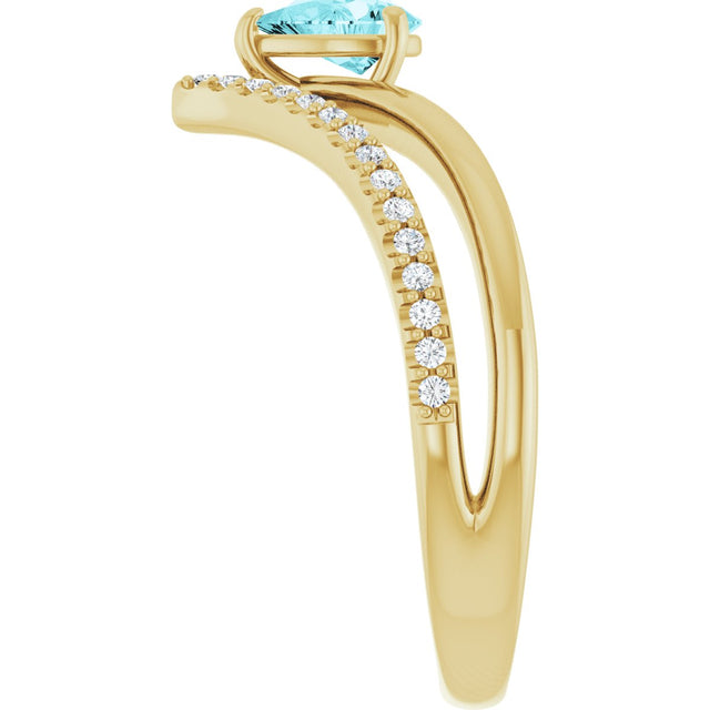 14K Gold Pear Natural Blue Zircon & Natural Diamond Negative Space V Ring - Yellow Gold - view 4