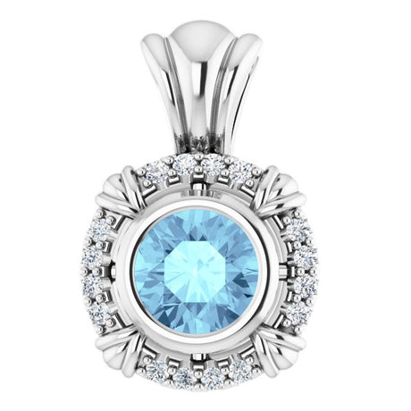 14K Gold Round Natural Aquamarine & Natural Diamond Halo-Style Pendant – 0.08 CTW - White Gold