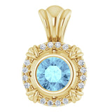 14K Gold Round Natural Aquamarine & Natural Diamond Halo-Style Pendant – 0.08 CTW - Yellow Gold