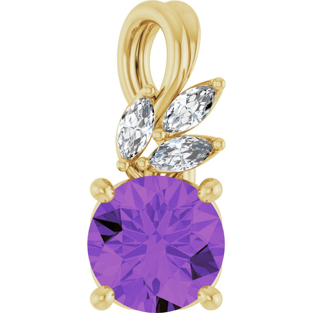 14K Gold Round Natural Amethyst & Natural Diamond Accented Floral Necklace or Pendant - Yellow Gold