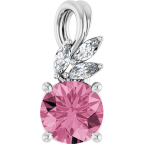 14K Gold Round Natural Pink Tourmaline & Natural Diamond Accented Floral Necklace or Pendant - White Gold