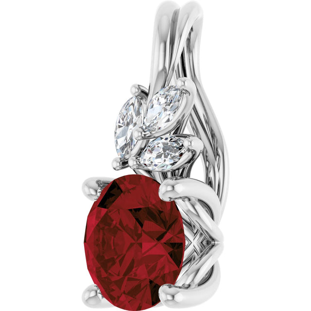 Platinum Round Natural Mozambique Garnet & Natural Diamond Accented Floral Necklace or Pendant – 1/10 CTW - view 2