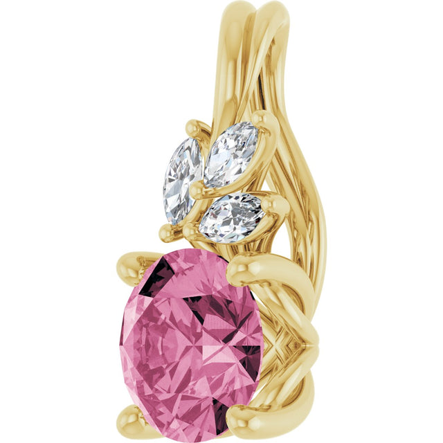 14K Gold Round Natural Pink Tourmaline & Natural Diamond Accented Floral Necklace or Pendant - Yellow Gold - view 2