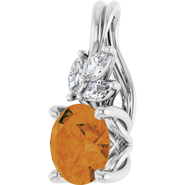 Platinum Round Natural Citrine & Natural Diamond Accented Floral Necklace or Pendant - view 2