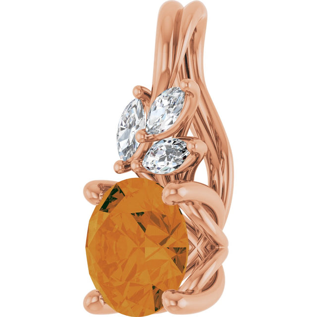 14K Gold Round Natural Citrine & Natural Diamond Accented Floral Necklace or Pendant - Rose Gold - view 2