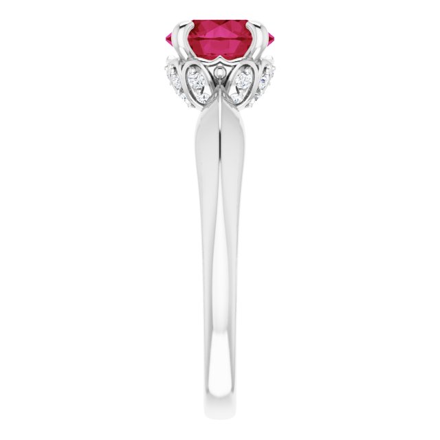 Platinum Round Lab-Grown Ruby & Natural Diamond Accented Vintage-Inspired Ring - view 4