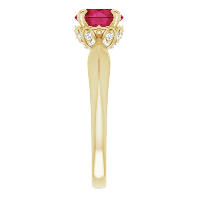 14K Gold Round Lab-Grown Ruby & Natural Diamond Accented Vintage-Inspired Ring - Yellow Gold - view 4