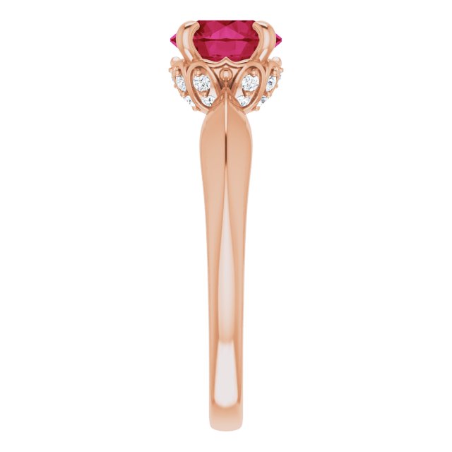 14K Gold Round Lab-Grown Ruby & Natural Diamond Accented Vintage-Inspired Ring - Rose Gold - view 4