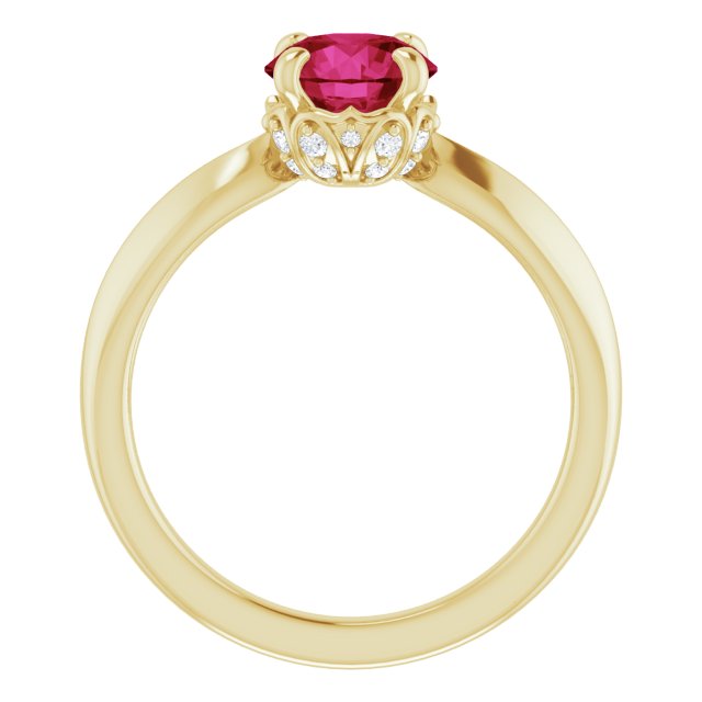 14K Gold Round Lab-Grown Ruby & Natural Diamond Accented Vintage-Inspired Ring - Yellow Gold - view 2