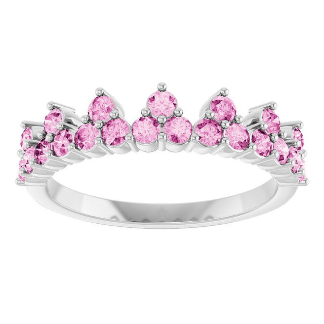Platinum Round Natural Pink Sapphire Accented Crown Ring - view 13
