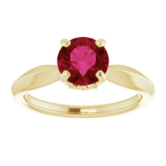 14K Gold Round Lab-Grown Ruby & Natural Diamond Accented Vintage-Inspired Ring - Yellow Gold - view 3