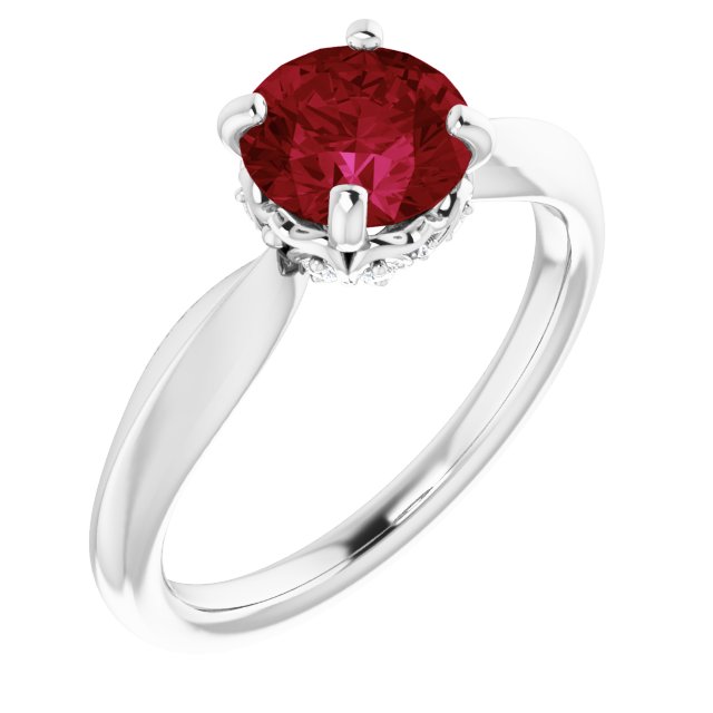 Platinum Round Lab-Grown Ruby & Natural Diamond Accented Vintage-Inspired Ring